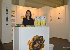 TT Inter Fruit Co., Ltd. exports a variety of tropical fruits from Thailand, including Durian, Mangosteen, Longan and Rambutan. Ms Jira-abha Krongkitjakan is proudly showing her products at the booth.